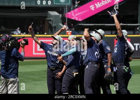 National League's Luis Arraez, of the Miami Marlins, hits an RBI single  during the fourth inning of the MLB All-Star baseball game in Seattle,  Tuesday, July 11, 2023. (AP Photo/John Froschauer Stock