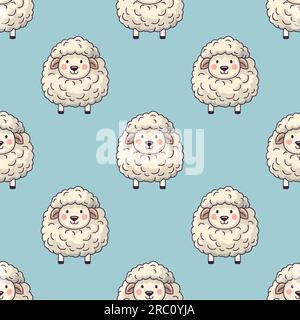 Vector Seamless Pattern with Funny Cute Sheep on Blue Background. Cartoon Sheep Seamless Texture, Textile, Wallpaper Design for Kids. Seamless Texture Stock Vector