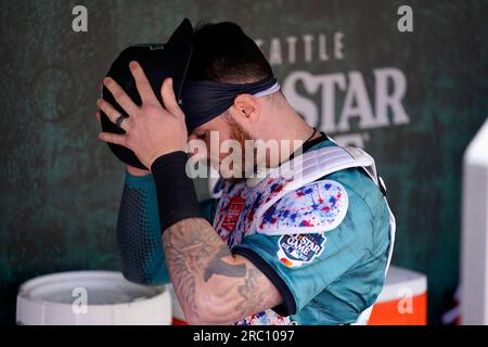 American League's Jonah Heim, of the Texas Rangers, waits for a pitch  during the MLB All-Star baseball game against the National League in  Seattle, Tuesday, July 11, 2023. (AP Photo/Lindsey Wasson Stock