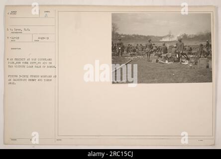 American soldiers firing 3-inch Stokes mortars at an imaginary enemy 400 yards away during a war exhibit at Van Cortland Park in New York City to aid in the Victory Loan sale of bonds. Captured on film by Lt. Lyon, the photograph is labeled 'SP 48090 30.' Stock Photo