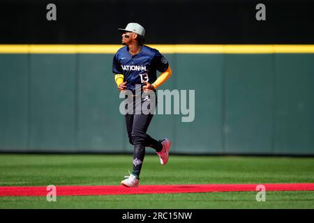 National League's Ronald Acuña Jr., of the Atlanta Braves, jogs out during  introductions before the MLB All-Star baseball game in Seattle, Tuesday,  July 11, 2023. (AP Photo/Lindsey Wasson Stock Photo - Alamy