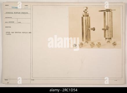 The photograph depicts a collection of steel gas testing shells and parts used by the Chemical Warfare Service in World War I. The assigned subject number was 55589. The photograph was taken by the photographer Reco on April 2, 1919. The image captures the equipment used for testing and developing gas-related techniques during the war. Stock Photo