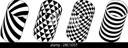 Collection of cylinder with different patterns. Striped and checkered 3d tubes set. Black and white geometric elements for design templates, icons, logo. Abstract vector tunnels pack Stock Vector