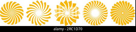 Golden curled sunburst collection. Stylized radial spinning elements. Yellow geometric round twisted rays, beams or stars pack. Vector circles concept symbols for banner, badge, sticker, poster Stock Vector