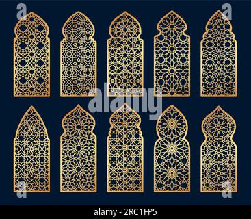 Arabian mosque window and gate patterns, golden arch arabesque ornament shapes. Old arabic door or window frames with gold geometric motif. Mashrabiya, islamic mosque or palace architecture elements Stock Vector