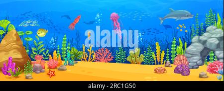 Game level underwater landscape. Cartoon treasure chest, fish shoal ...