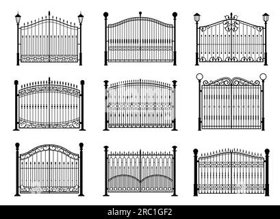 Iron gate, wrought metal fence, steel wrought door with ornate forgings. Vector antique garden or park entrance gates of black frames, grills and rails with forged ornaments, light poles and pillars Stock Vector