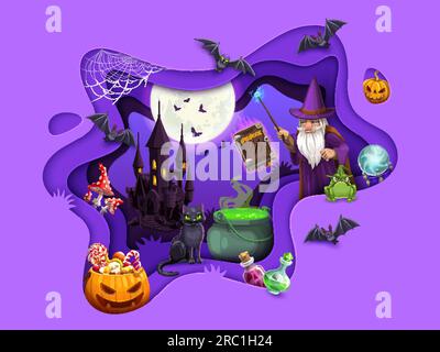 Halloween paper cut wizard or sorcerer cave with magic potion pot. Vector background with 3d effect wavy papercut frame. Cartoon wiz with spell book, pumpkin, trick or treat sweets, old night castle Stock Vector