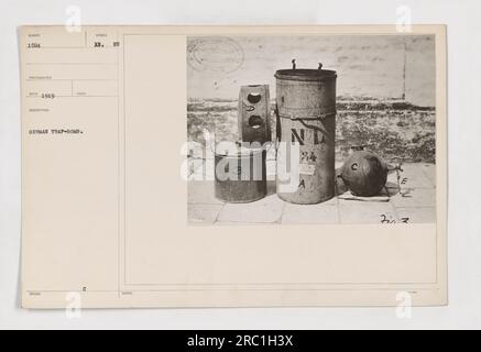 Description: American soldier carefully collects a German trap bomb during World War One. The photograph was taken by photographer Red in 1919. The bomb is marked with the number 1024 and was identified as a potential threat to troops. Stock Photo