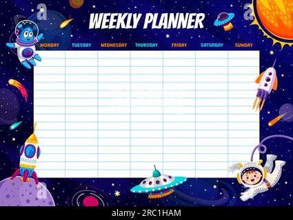 Weekly planner, cartoon space characters, planets and spaceships. Education school timetable vector template with funny kid cosmonaut, alien, ufo saucer and rockets. Time table schedule for lessons Stock Vector