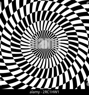 Radial optical illusion background. Black and white abstract lines surface in circles. Poster, banner, template design. Spinning spiral illusion wallpaper. Vector opt art illustration  Stock Vector