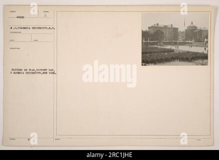 American soldiers raise the flag during Victory Day celebrations at Columbia University in New York. This photograph, numbered 46830, captures the symbolic moment. It was taken by a photographer and received a description stating 'issued!' There are no other specific notes accompanying the image. Stock Photo