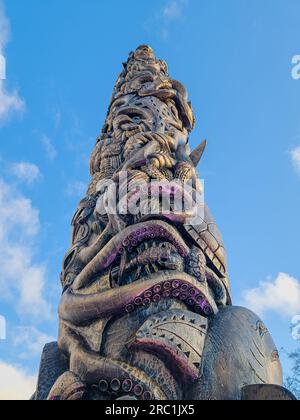 Taupo, New Zealand - 29 June 2023: Detail image of the recently installed public artwork by carvers Delani Brown and Kingi Pitiroi as part of Taupo’s Stock Photo