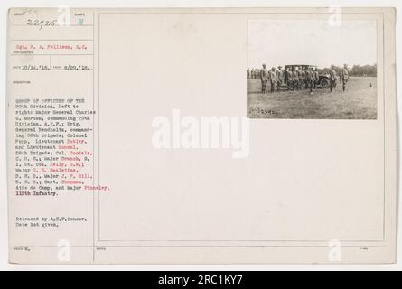 Group of officers of the 29th Division. Left to right: Major General Charles G. Morton, Brig. Generel Bendholts, Colonel Popp, Lieutenant Butler, Lieutenant Munsul, Col. Goodale, Major Branch, Lt. Col. Kelly, Major C. B. Hazletine, Major J. P. Hill, Capt. Chapman, and Major Finneley. Photo taken on August 29, 1918. (111-SC-22925) #WorldWarOne #MilitaryActivities #29thDivision Stock Photo