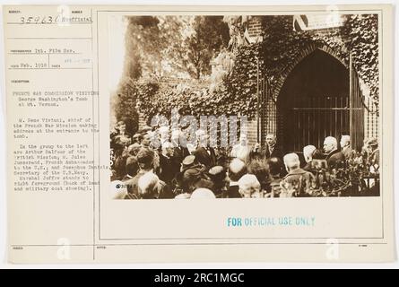 French War Commission, led by M. Rene Viviani, visits George Washington's Tomb at Mt. Vernon in April 1917. In the photograph, M. Viviani is seen making an address at the entrance to the tomb. Other notable individuals present include Arthur Balfour from the British Mission, M. Jules Jusserand (French Ambassador to the U.S.), and Josephus Daniels (U.S. Secretary of the Navy). Marshal Joffre can also be seen in the right foreground, partially obscured. This photograph, labeled as 35963, was taken in April 1917 and is part of the Int. Film Ser. ECD series. Strictly for official use only. Stock Photo