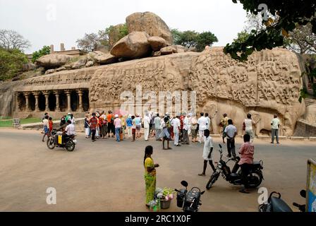 Arjunas penance Descent of the Ganges in Mahabalipuram Mamallapuram near Chennai, Tamil Nadu, South India, India, Asia. UNESCO World Heritage Site Stock Photo