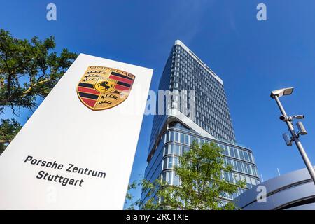 Porsche Design Tower, Porsche Centre, new high-rise building at Pragsattel in Stuttgart with a height of 90 metres, Porsche Centre with new logo Stock Photo