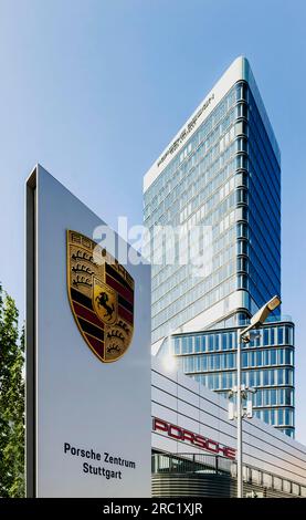 Porsche Design Tower, Porsche Centre, new high-rise building at Pragsattel in Stuttgart with a height of 90 metres, Porsche Centre with new logo Stock Photo