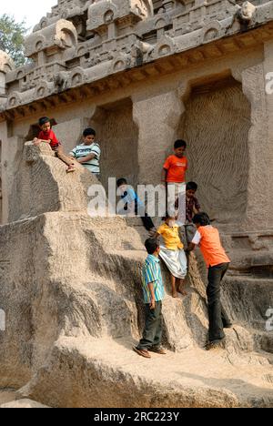 Dharmaraja Ratha of Five Rathas, monolithic rock cut architecture dating from the late 7th century in Mahabalipuram Mamallapuram near Chennai, Tamil Stock Photo