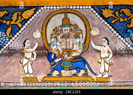 Lord Ganesha seated on Mouse, Murals paintings in Vedagiriswarar shiva Temple ceiling at Thirukazhukundram Tirukalukundram near Mahabalipuram, Tamil Stock Photo