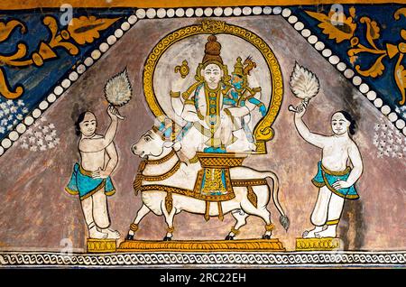 Lord Shiva on Rishaba bull, Murals paintings in Vedagiriswarar shiva Temple ceiling at Thirukazhukundram Tirukalukundram near Mahabalipuram, Tamil Stock Photo