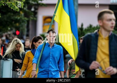 Vilnius, Lithuania. 11th July, 2023. Supporters of Ukraine walk with Ukrainian flag near the Presidential Palace in Vilnius. The President of Lithuania hosts the dinner for world leaders at the Presidential Palace. The summit agenda covers Ukraine's bid to join the organisation, the accession process of Sweden, boosting arms stockpiles and reviewing plans. Credit: SOPA Images Limited/Alamy Live News Stock Photo