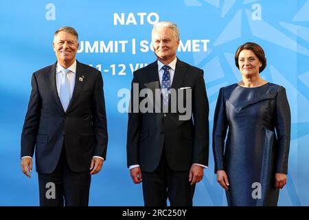 Vilnius, Lithuania. 11th July, 2023. President of Lithuania, Gitanas Naus?da and his wife Diana Naus?dien? welcome the President of Romania, Klaus Iohannis as he arrives for a social dinner during the high level NATO summit. The President of Lithuania hosts the dinner for world leaders at the Presidential Palace. The summit agenda covers Ukraine's bid to join the organisation, the accession process of Sweden, boosting arms stockpiles and reviewing plans. Credit: SOPA Images Limited/Alamy Live News Stock Photo