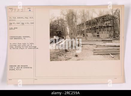 Panoramic view of a construction site at Camp Humphreys, VA. The image, taken on May 27, 1918, shows barracks buildings in various stages of construction, from right to left. The photograph was censored and released on June 3, 1918, by the Historical Branch, W.P.D. Photographer Lt. E.M. deBerri, Sig. R.C. captured the image. Stock Photo