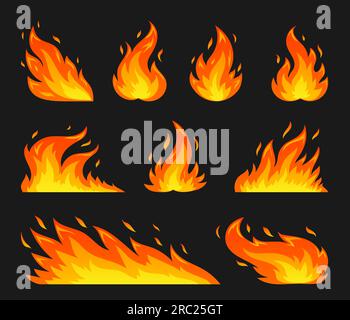 Hot temperature comic dangerous flame fires. Cartoon fire flames. Red campfire fiery flat silhouette set. Burning blazing wildfire, glow bonfire emoticon stickers isolated on black background Stock Vector