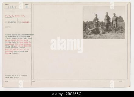 American military personnel communicating via wireless with an airplane during World War One. Pictured are Lt. P. W. Cloud, Major David Reeves, Major John F. Franklin, Lt. G. C. Farrell, Pvt. E. Ellis and Cpl. R. J. Harkins. This photo was taken in Lucey, France, but the exact date is unknown. Stock Photo