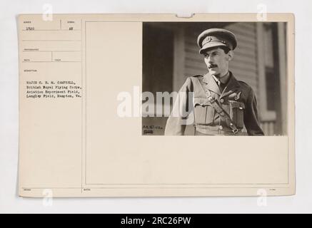 Major Campbell of the British Royal Flying Corps at the Aviation Experimental Station, Langley Field, Hampton, VA. This photograph, labeled as 111-SC-1520, was taken by the official photographer of the United States Army. The description states that Major Campbell was issued a symbol and that he was assigned to the Aviation Experiment Field at Langley Field. Stock Photo