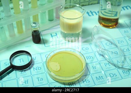 Different laboratory equipment with liquids and safety glasses on ...