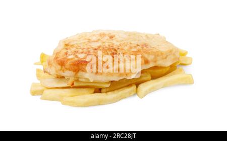 Tasty fish in soda water batter and potato chips isolated on white Stock Photo