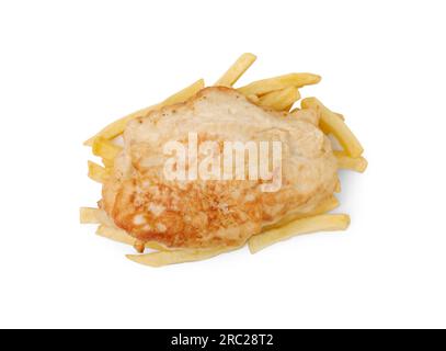 Tasty fish in soda water batter and potato chips isolated on white, top view Stock Photo