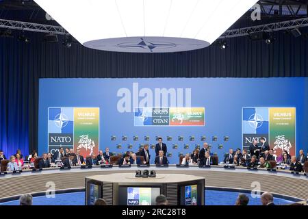 Vilnius, Lithuania. 11th July, 2023. Participants are pictured at the NATO summit in Vilnius, Lithuania, on July 11, 2023. TO GO WITH 'NATO summit opens in Vilnius amid protests, criticisms' Credit: Alfredas Pliadis/Xinhua/Alamy Live News Stock Photo