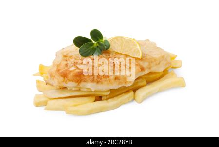 Tasty fish in soda water batter, greens, lemon slice and potato chips isolated on white Stock Photo