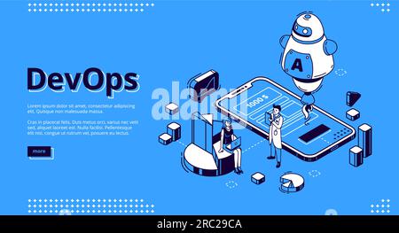 Devops isometric landing page, development and operation specialists work collaboration at huge mobile phone, robot and pie chart. Automation cycles software construction 3d vector line art web banner Stock Vector