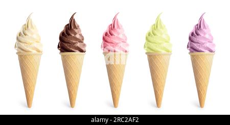 Set of different delicious soft serve ice creams in crispy cones on ...