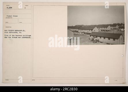 German war prisoners are seen at War Prison Barracks #1, located at Fort McPherson, GA. The photograph shows a view of the barrack buildings where German prisoners numbered 45,668 are being held. This image is part of the Signal Corps collection taken by photographer RECO, with the description stating it was captured symbolically. Note: HELLE is mentioned but lacks further context. Stock Photo