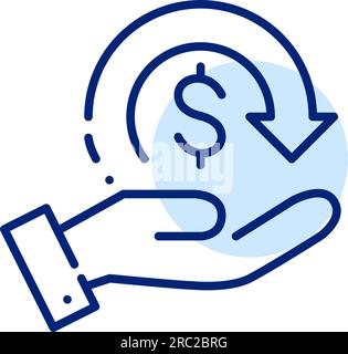 Receiving cash back. Bonus for shopping. Dollar sign with return arrow in hand. Pixel perfect, editable stroke Stock Vector