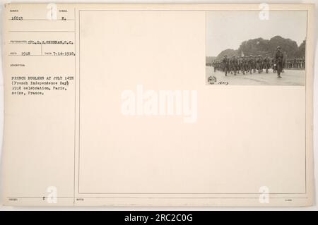 French buglers perform at the July 14, 1918 celebration of French Independence Day in Paris, France. The photograph, taken on July 14, 1918, was captured by CPL D.J. Sheehan of the Signal Corps. Photograph number 16013 in the collection represents this event. Stock Photo