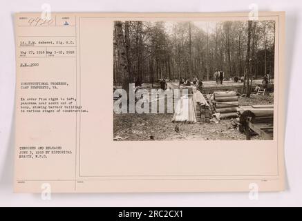 Panorama of Camp Humphreys, Va., taken on May 27, 1918. The image shows barrack buildings in different stages of construction, from right to left. This photograph, numbered 099301 SURECT Lt. E.M. deBerri, Sig. R.C., was taken between May 1-10, 1918. It was censored and released on June 3, 1918, by the Historical Branch, W.P.D. Stock Photo