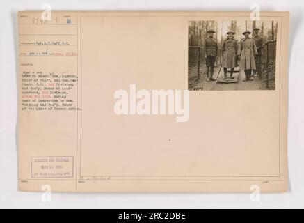 General Harbord, Chief of Staff, Major General Bundy, Commander of the 2nd Division, and Secretary Baker are pictured at headquarters of the 2nd Division on March 20, 1918. This photo was taken during General Pershing and Secretary Baker's inspection tour of the Lines of Communication. Stock Photo