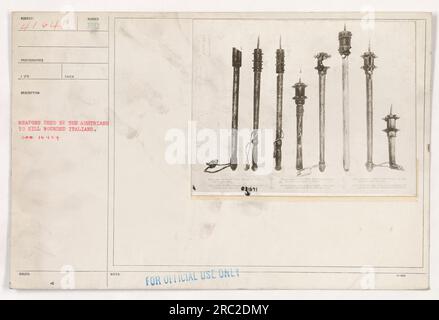 Image: The photograph shows a collection of weapons used by the Austrians to kill wounded Italians during World War One. The weapons appear to be in various stages of disrepair. This image is considered for official use only, with the identification number 31641 1-4. Stock Photo