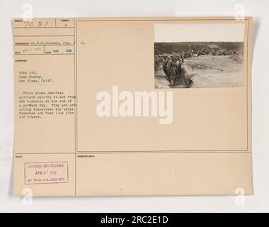 American soldiers from the 40th Division at Camp Kearny, San Diego, can be seen passing to and from the trenches in this photograph, taken by Lt. E.N. Jackson on March 1918. The soldiers appear seasoned and well-prepared for their next postings in the trenches. Data released by the War College Division Laboratory on April 3, 1913. Stock Photo