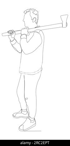 Single continuous line drawing lumberjack holding two axes crossed ...