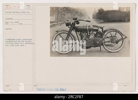 An official use only photograph taken on November 19, 1918, featuring a left-side view of a government model motorcycle manufactured by Harley-Davidson Motor Co. The photo is part of the Subject Number 3278 AU, taken by photographer 188UED and is from the collection of Photographs of American Military Activities during World War One. Stock Photo