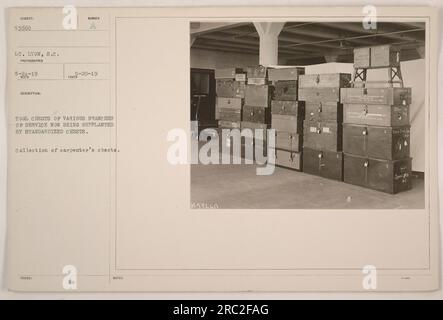 Various tool chests from different branches of the military are being replaced with standardized chests. This collection of carpenter's chests is an example of the transition. Photographed by Lt. Lyon on May 24, 1919, and received on May 20, 1919. Notes indicate the identification number and the name of the photographer. Stock Photo