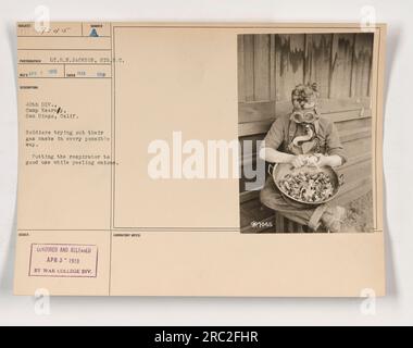 Soldiers from the 40th Division at Camp Kearny, San Diego, California, can be seen trying out their gas masks in various situations. This particular image shows a soldier utilizing the respirator while peeling onions, demonstrating its effectiveness against chemical warfare. The photograph was taken by Lt. E.N. Jackson of the Signal Corps on March 1918 and was issued with the number *7045. It was censored and released on April 3, 1918, by the War College Division. Stock Photo