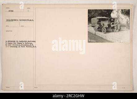 Soldiers from the National League for Women's Service, Motor Division, are seen returning to the barracks after a day of training at Fort Totten, NY. This photo, taken by S.C.Columbia University, captures the women's dedication and commitment to their military duties. Stock Photo